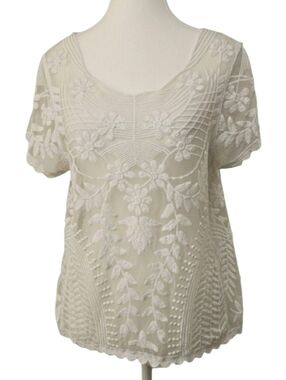 Express Vintage White Lace Sheer Blouse Short Sleeve Floral Mesh Top Women Sz M